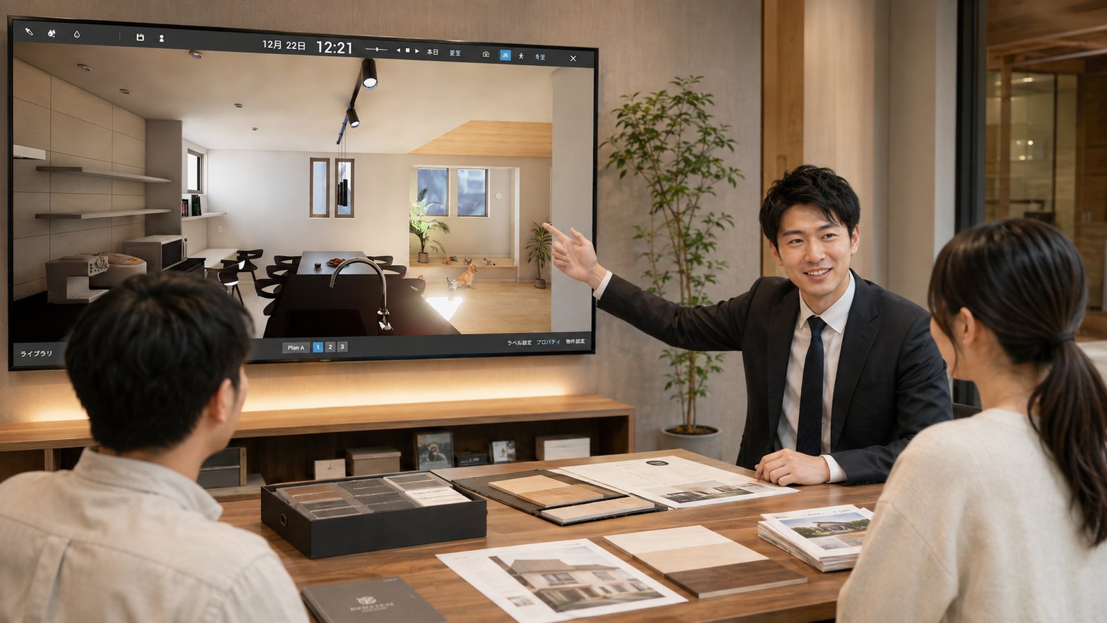 住宅会社の打ち合わせで、大きな画面の3Dを指して説明する様子