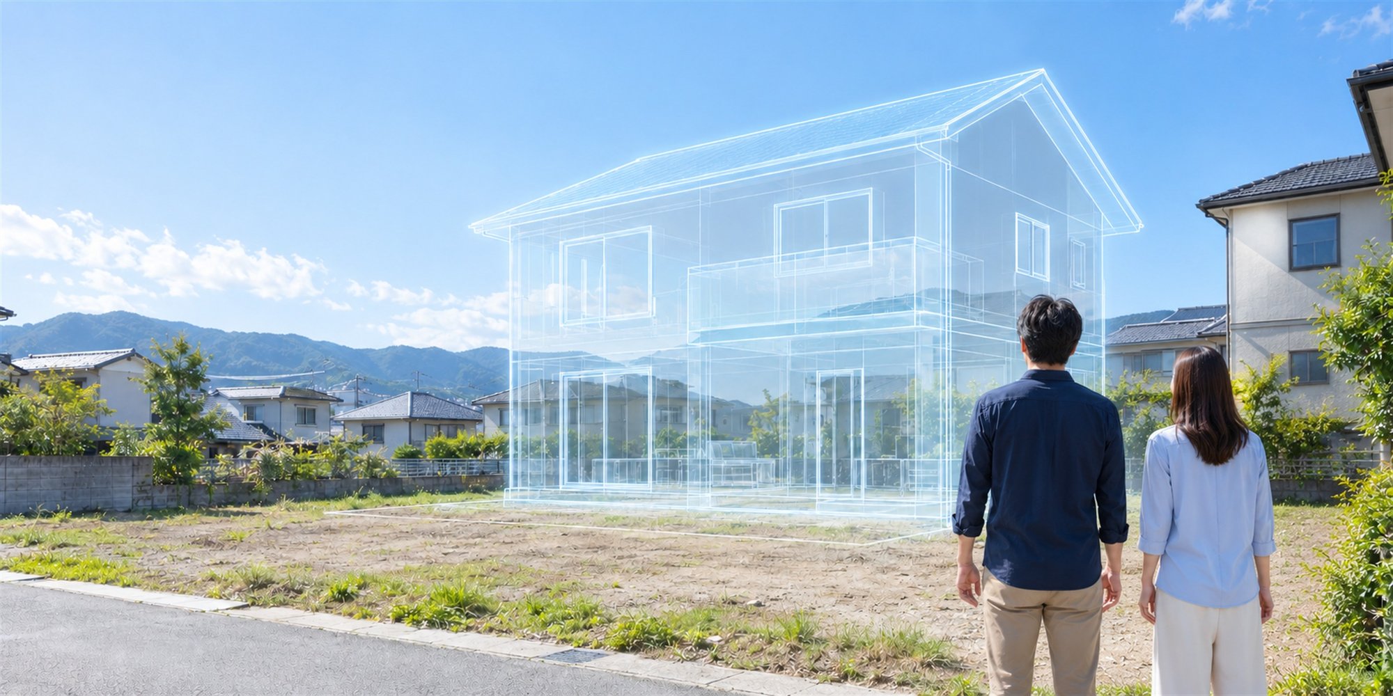 空き地の上に、これから建てる家が3Dで見える