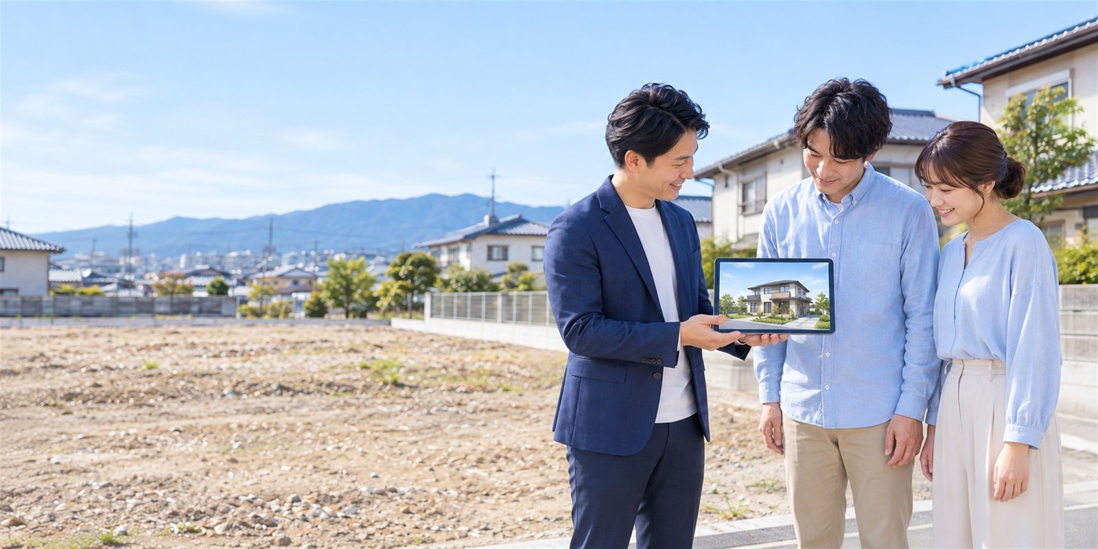空き地の前でタブレットの3Dを見る夫婦と担当者